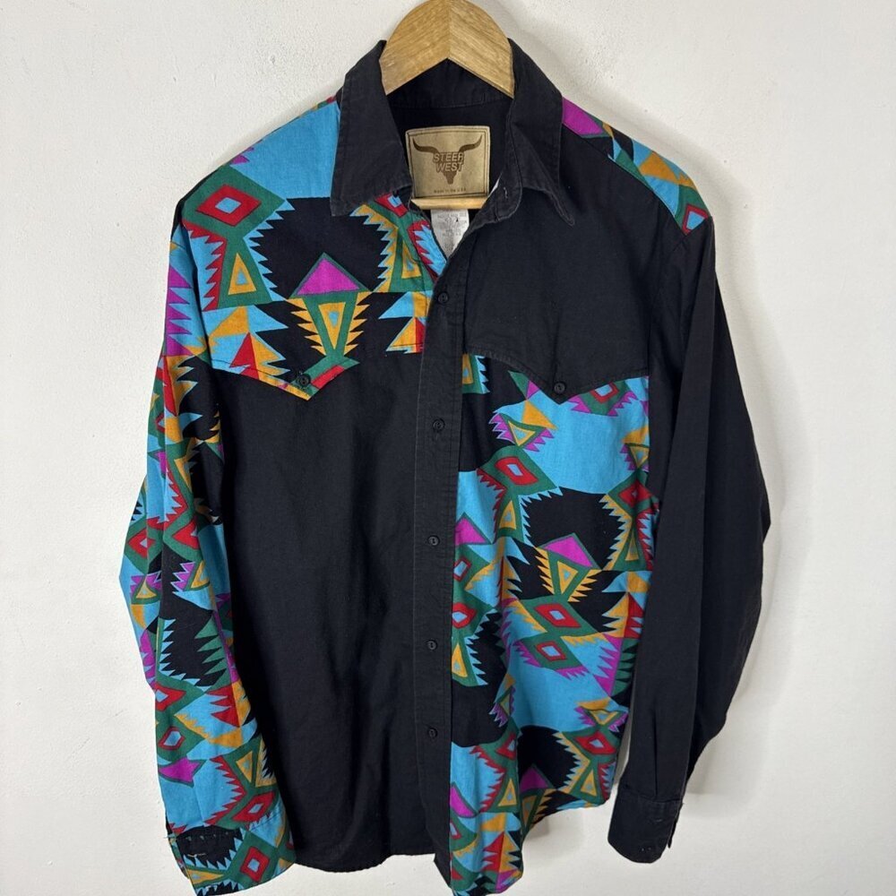 VTG‎ Steer West USA Shirt M Black Aztec Southwestern Cowboy Rodeo Cotton 90s